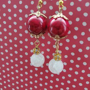 Lovely Princess Red Large Round Bead & Gold Sparkle Bead, Wrapped Earrings